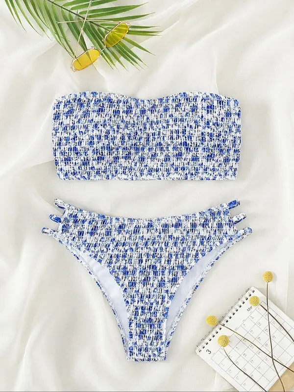 Two-Piece Set Women's Ditsy Floral Print Cut Out Shirred Bandeau Bikini Set, Casual Strapless Swim Top & Swim Bottom Swimsuit...