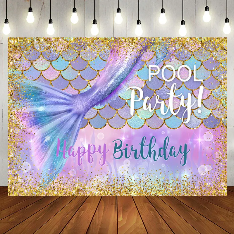 Aperturee Glitter Purple Mermaid Pool Birthday Backdrop