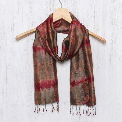 NOVICA Macaw Colors Tie-Dyed Silk Scarf in Claret and Avocado from Thailand