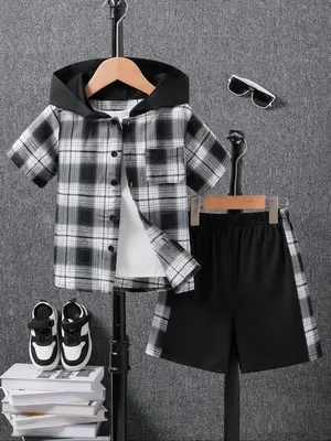 Two-Piece Set Toddler Boy's Plaid Print Sweater Co-ord Set, Casual Short Sleeve Zip Up Hooded Top & Elastic Waist Shorts, Sum...
