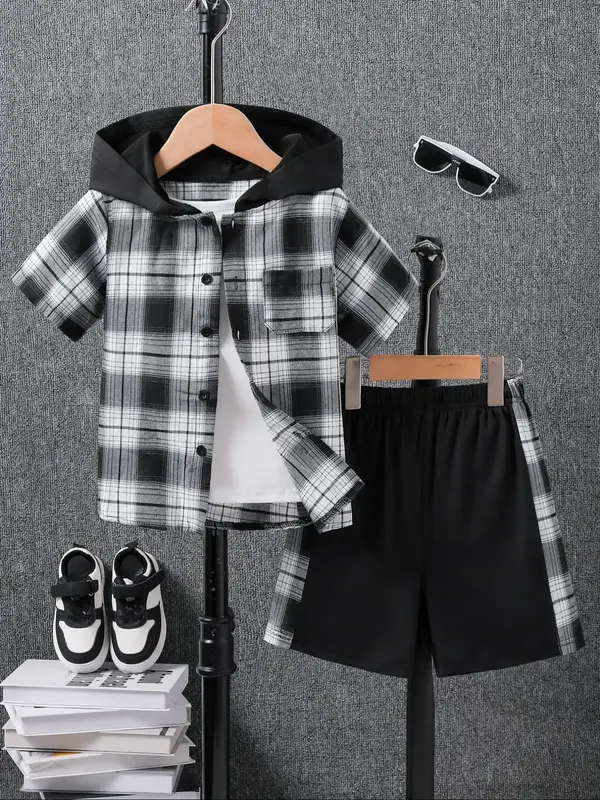 Two-Piece Set Toddler Boy's Plaid Print Sweater Co-ord Set, Casual Short Sleeve Zip Up Hooded Top & Elastic Waist Shorts, Sum...