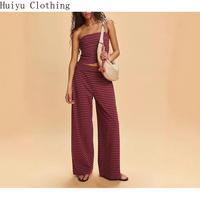 Womens Striped Two Piece Sets Summer Lounge Outfits Sailor Tube Top and Pants Matching Set Beach Vacation Travel