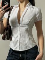Womenswear Plain Puff Sleeve Button Front Shirt, Comfort Clothes for Women, Shirts for Women, Minimalist Short Sleeve Collare...
