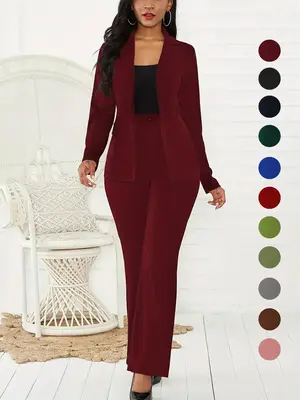 Two-Piece Set Women's Basic Plain Button Lapel Neck Blazer & Suit Pants, Elegant Business Casual Long Sleeve Outerwear & Trou...