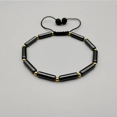 Synthetic Hematite Column Braided Bead Bracelet
