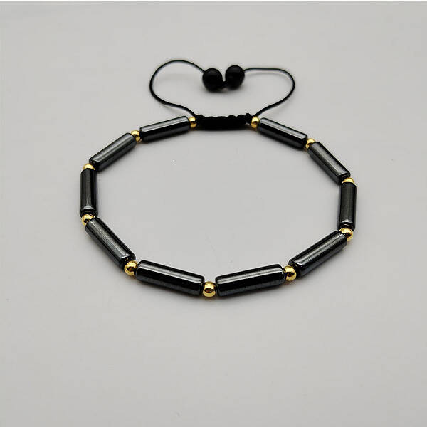 Synthetic Hematite Column Braided Bead Bracelet