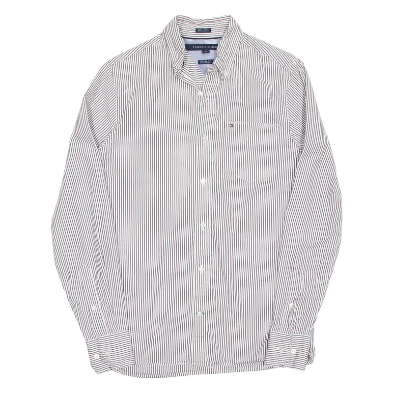 TOMMY HILFIGER Custom Fit Mens Shirt Maroon Striped Long Sleeve XS