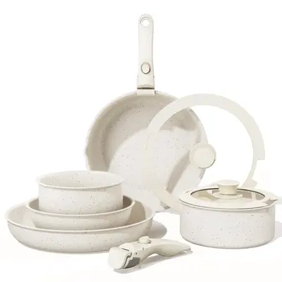 BAZOVA 9pcs Detachable Handle Nonstick Ceramic Cookware Set, PFAS/PFOA-Free, Cream White, RV Kitchen Set, Oven & Dishwasher S...