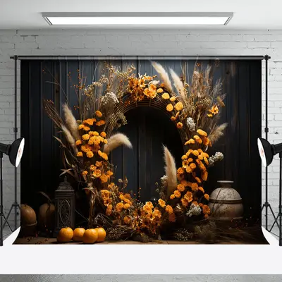 Boho Floral Feather Pumpkins Autumn Photo Backdrop