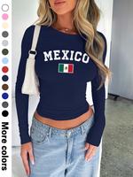 Women's Letter & Mexico Flag Print Round Neck Tee, Casual Long Sleeve Crew Neck T-shirt for Spring & Fall, Fashion Women's To...