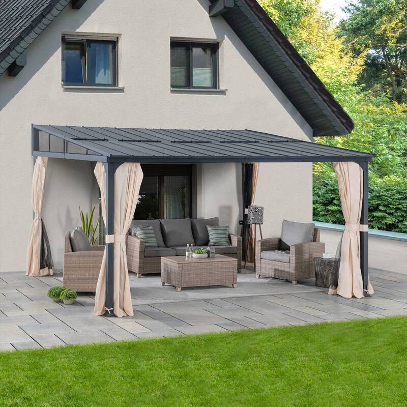SUNJOY 12x14 Metal Roof Wall Mounted Gazebo, Lean to Gazebo with Curtain and Netting