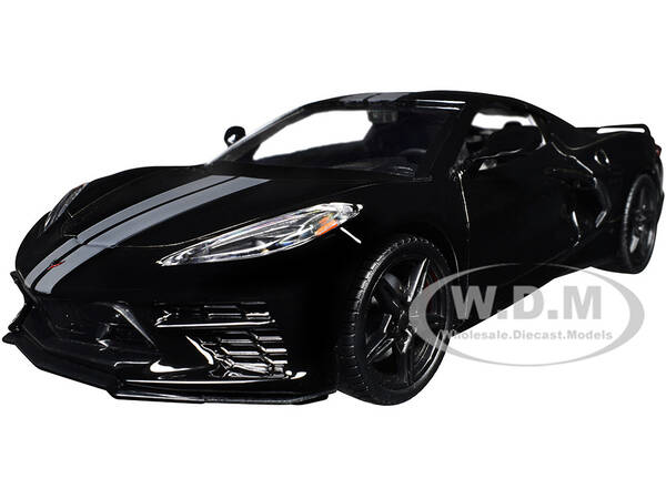 2020 Chevrolet Corvette C8 Stingray Black with Silver Stripes Timeless Legends Series 1/24 Diecast Model Car by Motormax