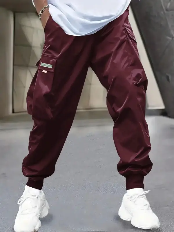 Men's Patched Flap Pocket Drawstring Cargo Pants, Casual Multi-pocket Jogger Bottoms, Men's Trousers, Men Streetwear