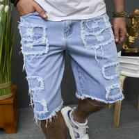 Summer Stylish Men Holes Patch Loose Beach Denim Shorts Male Distressed Solid Straight Denim Five-point Pants