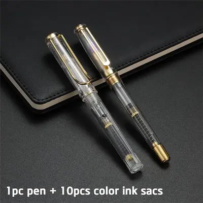 Metal Fountain Writing Pen, 1 Count Plaid Pattern Fountain Pen With 10pcs Ink Sac, Office Stationery For Home & School, Off...