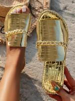 Women's Fashionable Chain Decorated Slides, Casual Comfortable Flat Sandals for Summer, Lightweight Breathable Shoes for Beac...
