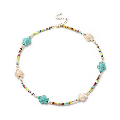 Tortoise Dyed Synthetic Turquoise & Shell Pearl & Glass Seed Beaded Necklace