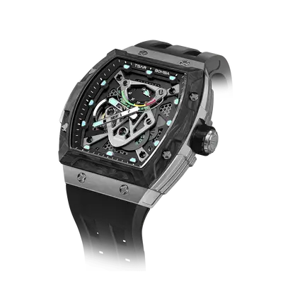 TSAR BOMBA Men's Automatic Mechanical Watch | Black | 46mm | The Neutron TB8216 | Carbon Fiber Bezel | Titanium Case