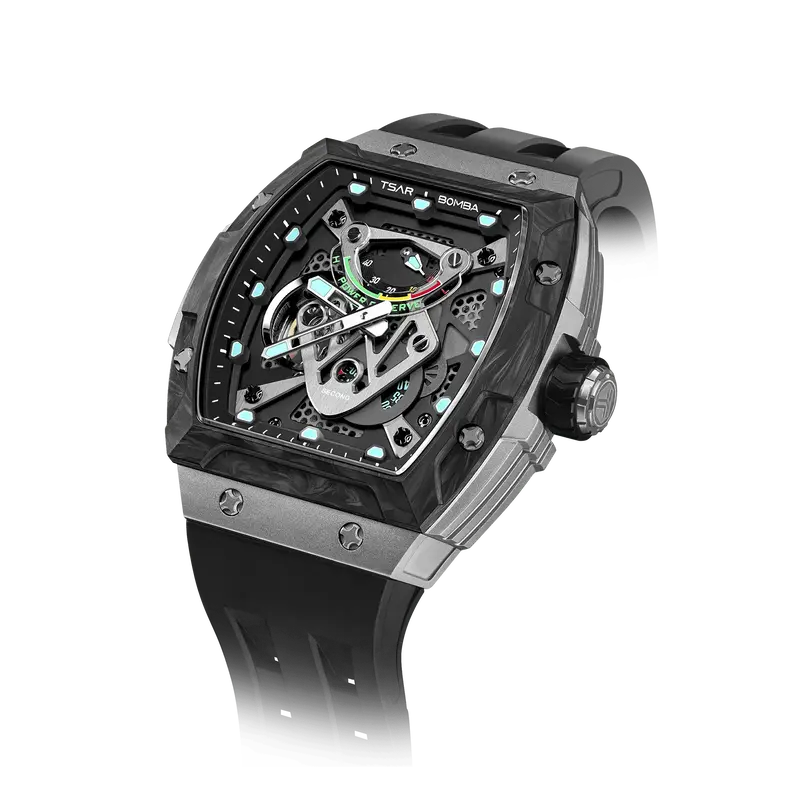 TSAR BOMBA Men's Automatic Mechanical Watch | Black | 46mm | The Neutron TB8216 | Carbon Fiber Bezel | Titanium Case
