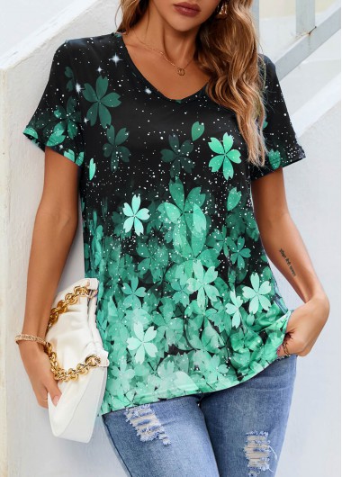 Modlily Floral Print Short Sleeve Green T Shirt - M
