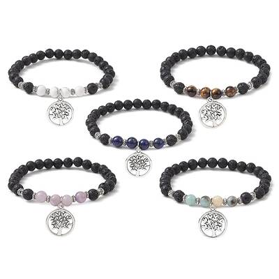 Natural Lava Rock & Mixed Gemstone Round Beaded Stretch Bracelet