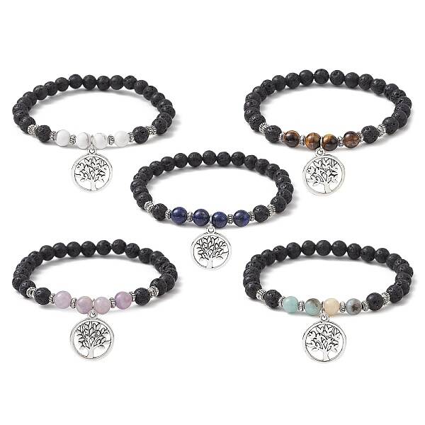Natural Lava Rock & Mixed Gemstone Round Beaded Stretch Bracelet