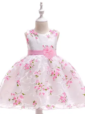 Girl's Floral Print Belted Tulle Party Dress with Flower Appliques Belt, Elegant Round Neck Sleeveless A-line Dress for Birth...