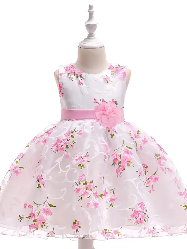 Girl's Floral Print Belted Tulle Party Dress with Flower Appliques Belt, Elegant Round Neck Sleeveless A-line Dress for Birth...