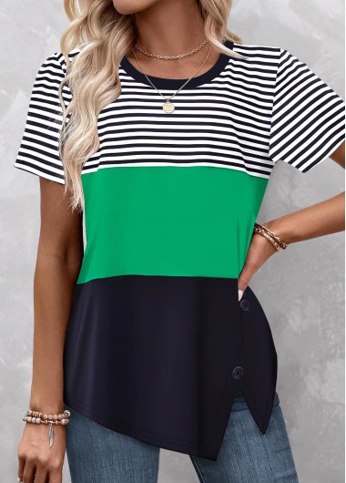 Modlily Green Patchwork Striped Short Sleeve T Shirt - XXL