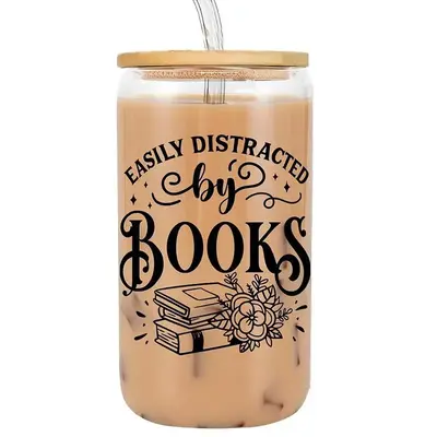 16oz Glass Cup with Lid & Straw, Book Theme Glass Cup, Creative Drinkware for Home Office School