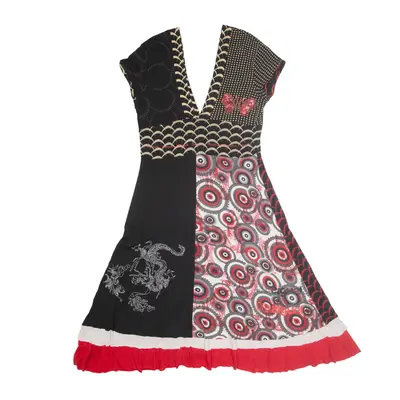 DESIGUAL A-Line Dress Black Crazy Pattern Sleeveless Midi Womens UK 10
