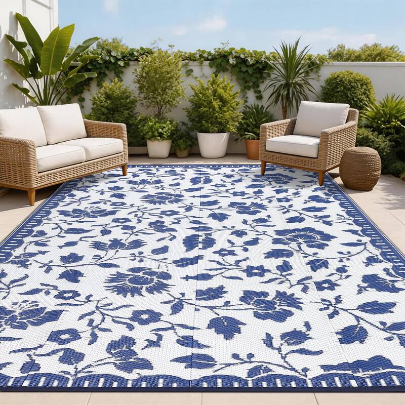 Garvee Large Floral Outdoor Rug 8x10 Navy & White Waterproof Vintage Reversible Plastic Straw Camping Rug for Patio Backyard ...