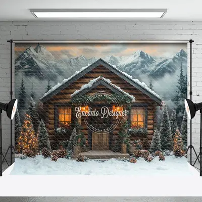 Mountain-Foot Lighted Wood House Christmas Backdrop - Aperturee