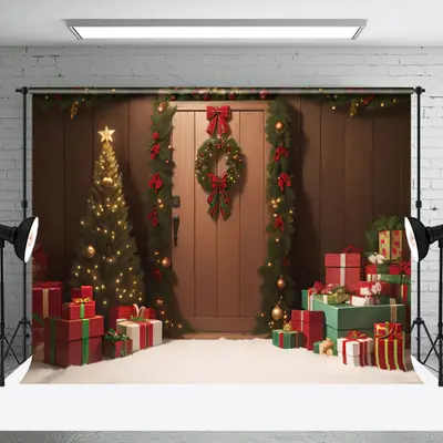 Aperturee Festive Wreath Wood Gift Snow Christmas Backdrop - Aperturee