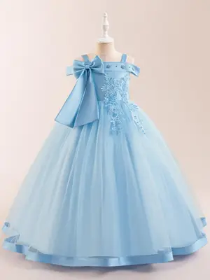 Girl's Cold Shoulder Faux Pearls Decor Contrast Lace Bow Tulle Formal Dress, Elegant Zipper Back Satin Fit & Flare Dress for ...