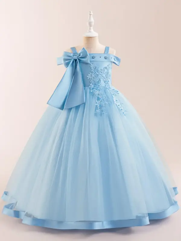 Girl's Cold Shoulder Faux Pearls Decor Contrast Lace Bow Tulle Formal Dress, Elegant Zipper Back Satin Fit & Flare Dress for ...