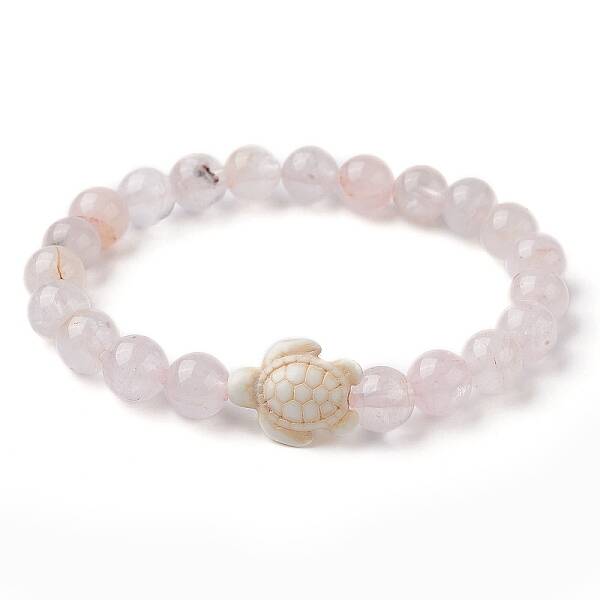 Natural Rose Quartz Round & Synthetic Turquoise Turtle Beaded Stretch Bracelet for Women