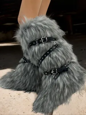 Women's Grey Faux Fur Belted Snow Boots, Fashionable Round Toe Slip on Knee High Boots for Fall & Winter, Warm Comfortable Sh...