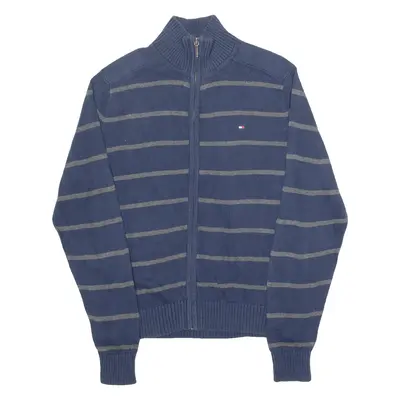 TOMMY HILFIGER Mens Patterned Jumper Blue Striped High Neck Tight Knit XS