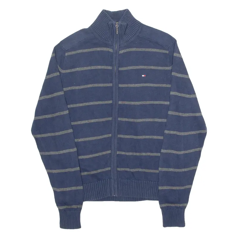 TOMMY HILFIGER Mens Patterned Jumper Blue Striped High Neck Tight Knit XS