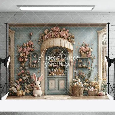 Aperturee Retro Beige Blue Egg Boutique Floral Easter Backdrop, 3X2FT(1MX0.6M), 14 USD, easter backdrops, ENHD3J79-M