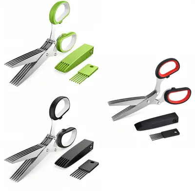 Herb Scissors - 5-Layer Stainless Steel Kitchen Scissors with Safety Cover & Cleaning Comb, TPR Non-Slip Handle, Heavy-Duty S...