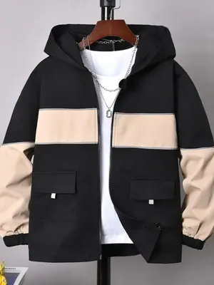 Boy's Colorblock Zip Up Hooded Jacket, Casual Long Sleeve Pocket Outerwear for Fall & Winter, Kids Clothes for Daily Wear