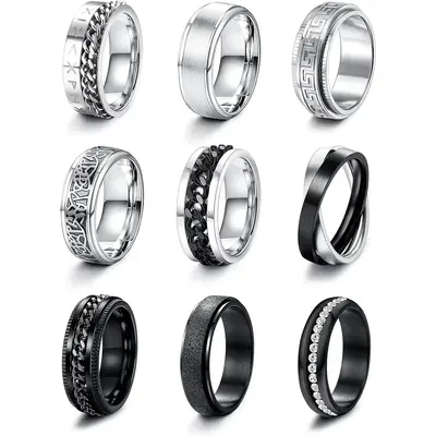 FLORIDECO 9 Pcs Stainless Steel Rings for Men & Women - Beveled Edges, Fidget Rings Set, Size 7-13, Black Band, Cool Spinner ...