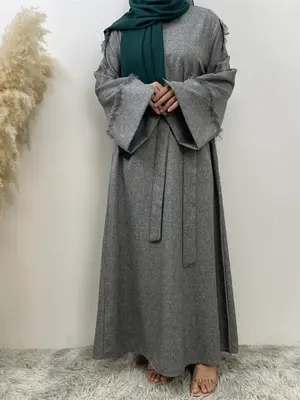 Women's Solid Color Tassel Trim Open Front Abaya, Modest Fashion Casual Long Sleeve Round Neck Dress for Daily Outdoor Wear, ...