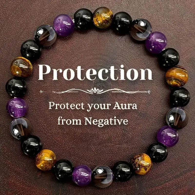 1pc Natural Tigereye & Amethyst Bead Stretch Bracelet, Energy Balancing Crystal Jewelry Gift For Men & Women