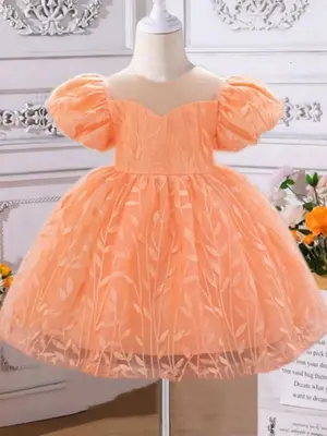 Girl's Solid Leaf Embroidery Big Bow Decor Tulle Dress, Cute Puff Sleeve Round Neck Zipper Back A Line Dress for Party Weddin...