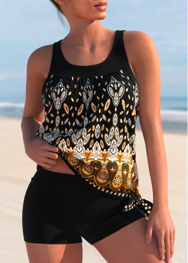 Modlily Tribal Print Wide Strap Black Tankini Top - S