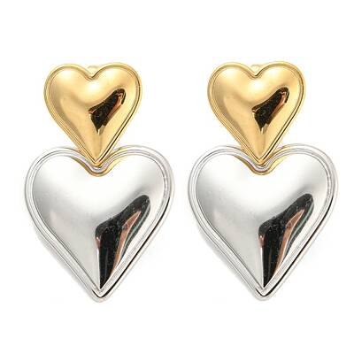 304 Stainless Steel Double Heart Dangle Stud Earrings for Women