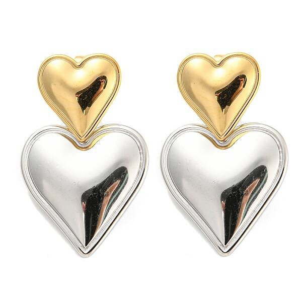 304 Stainless Steel Double Heart Dangle Stud Earrings for Women